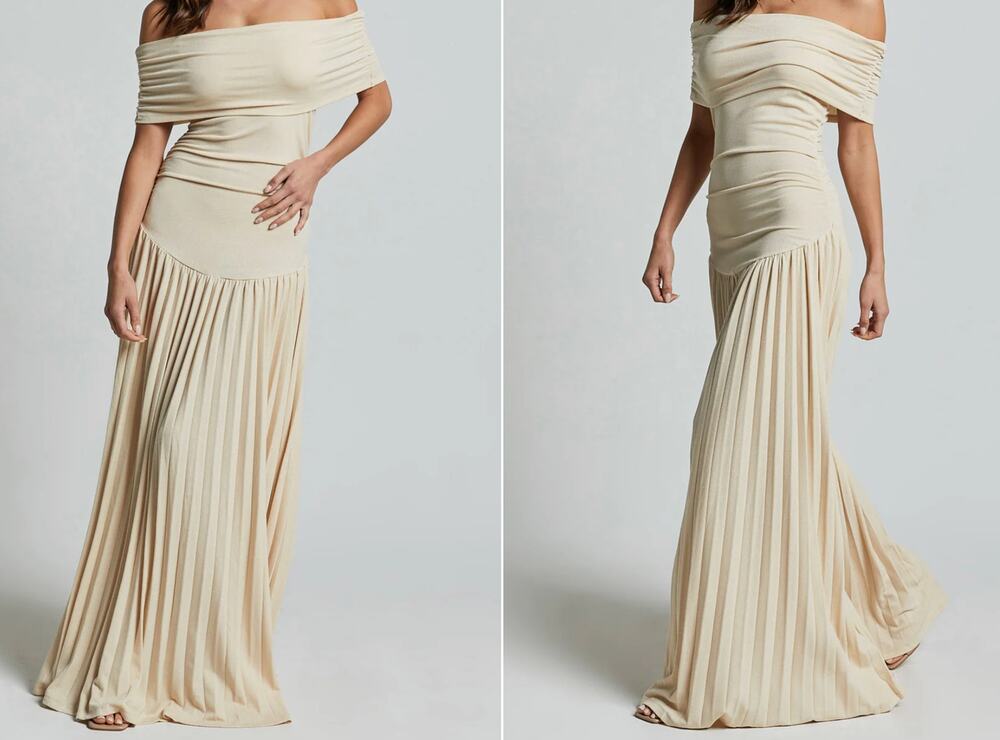 Lioness Off-Shoulder Pleated Maxi Dress in Cream